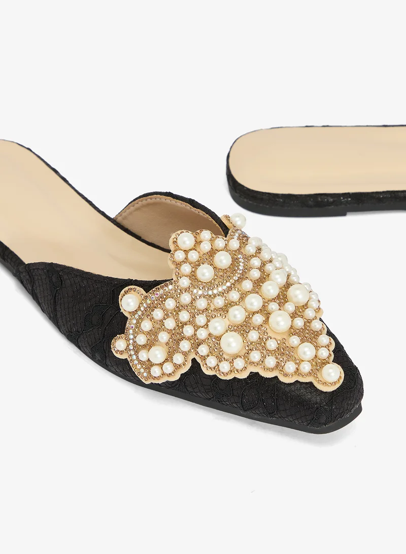 Khizana Black Pearl Detail Pointed Toe Flat Sandals for Women | Best Price UAE