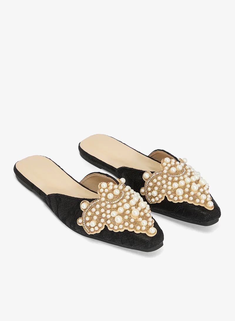 Khizana Black Pearl Detail Pointed Toe Flat Sandals for Women | Best Price UAE