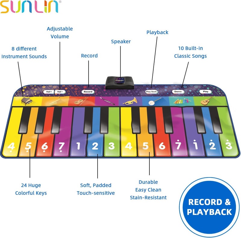Sunlin 6 ft. Floor Piano Mat for Kids & Toddlers, Giant Piano Mat, 24 Keys, 10 Built in Songs, 8 Instrument Sounds, Record & Playback, Song Booklet, Musical Toy Gift for Boys & Girls Age 3 4 5 6 7 8 9 - Image 3