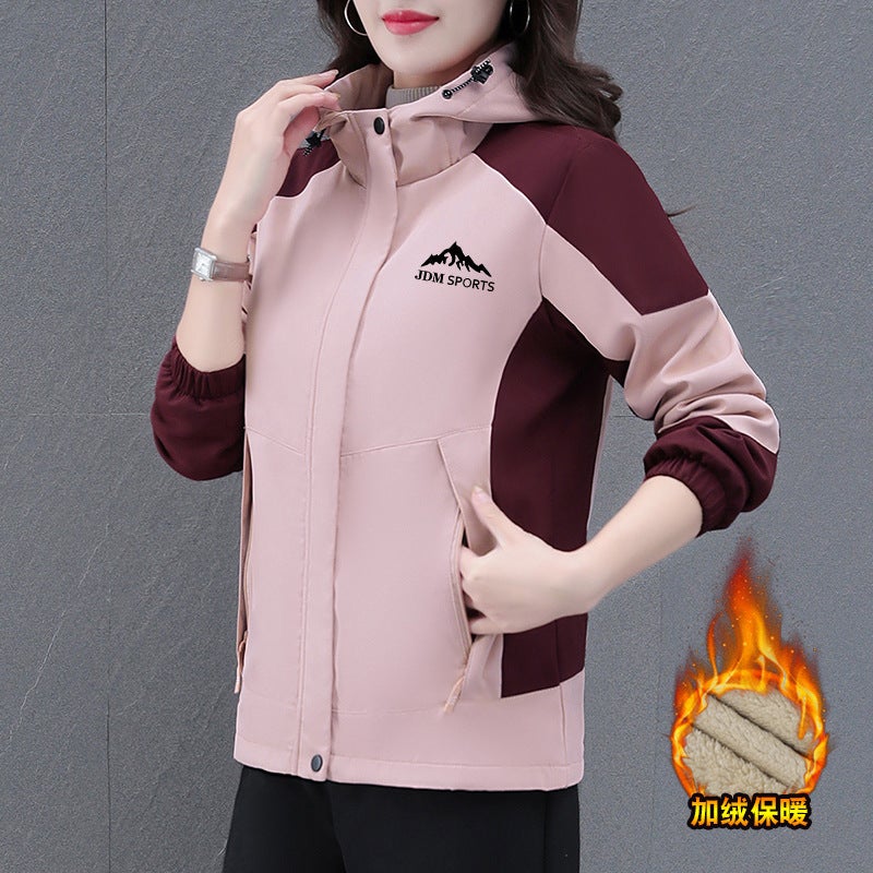fleece-lined Thickened Warm Jacket Jacket Womens Autumn and Winter New Western Style Contrast Color Outdoor Windproof Zipper Cardigan Pink 
