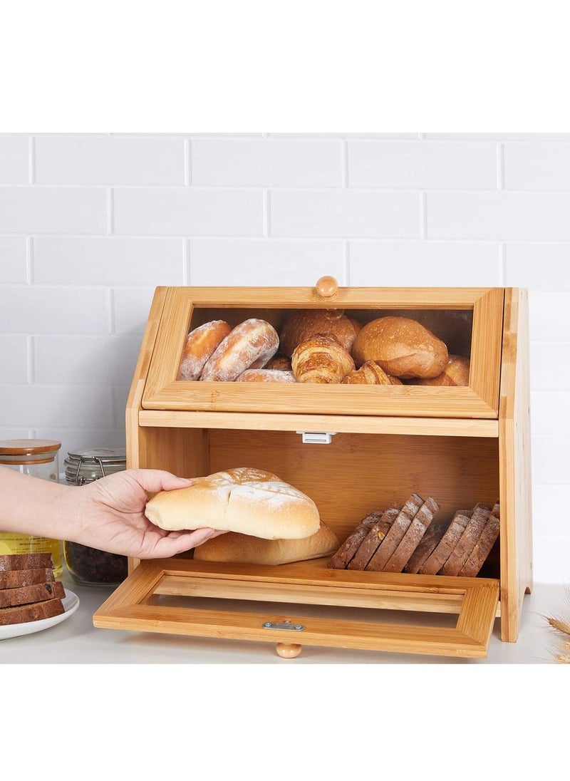 XiuWoo - Bread Storage Farmhouse Bread Box for Kitchen Countertop Bread Container with Clear Window Breadbox Double Layer Bamboo Wooden Extra-Large Capacity Bin Kitchen Food Storage Container Self-Assembly - Image 1
