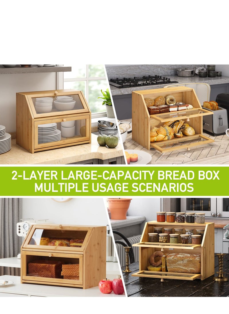 XiuWoo - Bread Storage Farmhouse Bread Box for Kitchen Countertop Bread Container with Clear Window Breadbox Double Layer Bamboo Wooden Extra-Large Capacity Bin Kitchen Food Storage Container Self-Assembly - Image 1