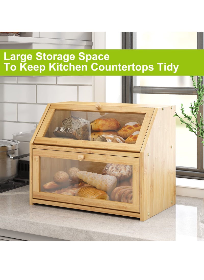 XiuWoo - Bread Storage Farmhouse Bread Box for Kitchen Countertop Bread Container with Clear Window Breadbox Double Layer Bamboo Wooden Extra-Large Capacity Bin Kitchen Food Storage Container Self-Assembly - Image 1