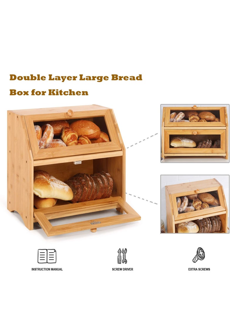 XiuWoo - Bread Storage Farmhouse Bread Box for Kitchen Countertop Bread Container with Clear Window Breadbox Double Layer Bamboo Wooden Extra-Large Capacity Bin Kitchen Food Storage Container Self-Assembly - Image 1