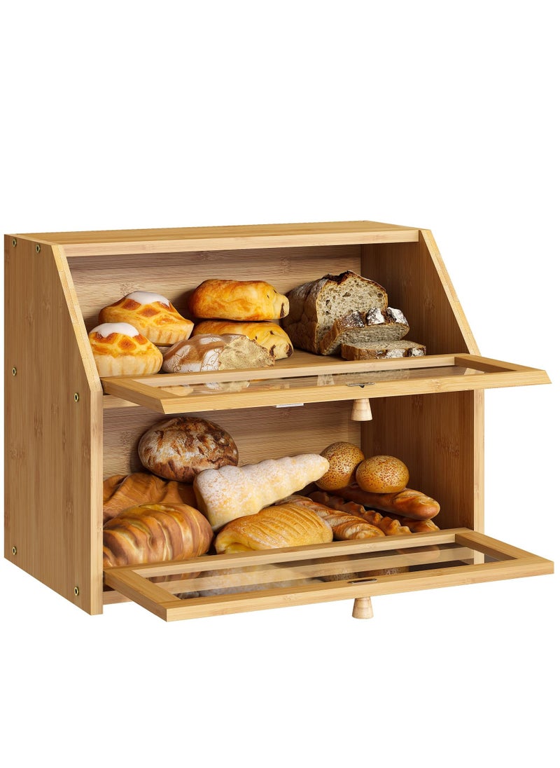 XiuWoo - Bread Storage Farmhouse Bread Box for Kitchen Countertop Bread Container with Clear Window Breadbox Double Layer Bamboo Wooden Extra-Large Capacity Bin Kitchen Food Storage Container Self-Assembly - Image 1