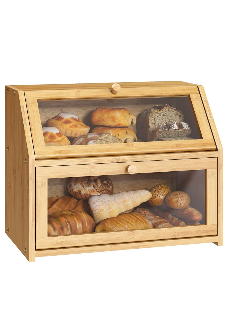 XiuWoo - Bread Storage Farmhouse Bread Box for Kitchen Countertop Bread Container with Clear Window Breadbox Double Layer Bamboo Wooden Extra-Large Capacity Bin Kitchen Food Storage Container Self-Assembly - Image 1