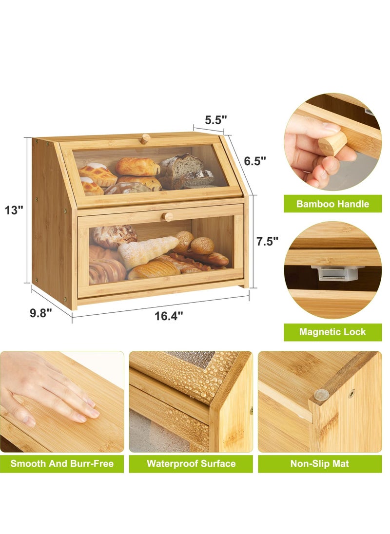 XiuWoo - Bread Storage Farmhouse Bread Box for Kitchen Countertop Bread Container with Clear Window Breadbox Double Layer Bamboo Wooden Extra-Large Capacity Bin Kitchen Food Storage Container Self-Assembly - Image 1