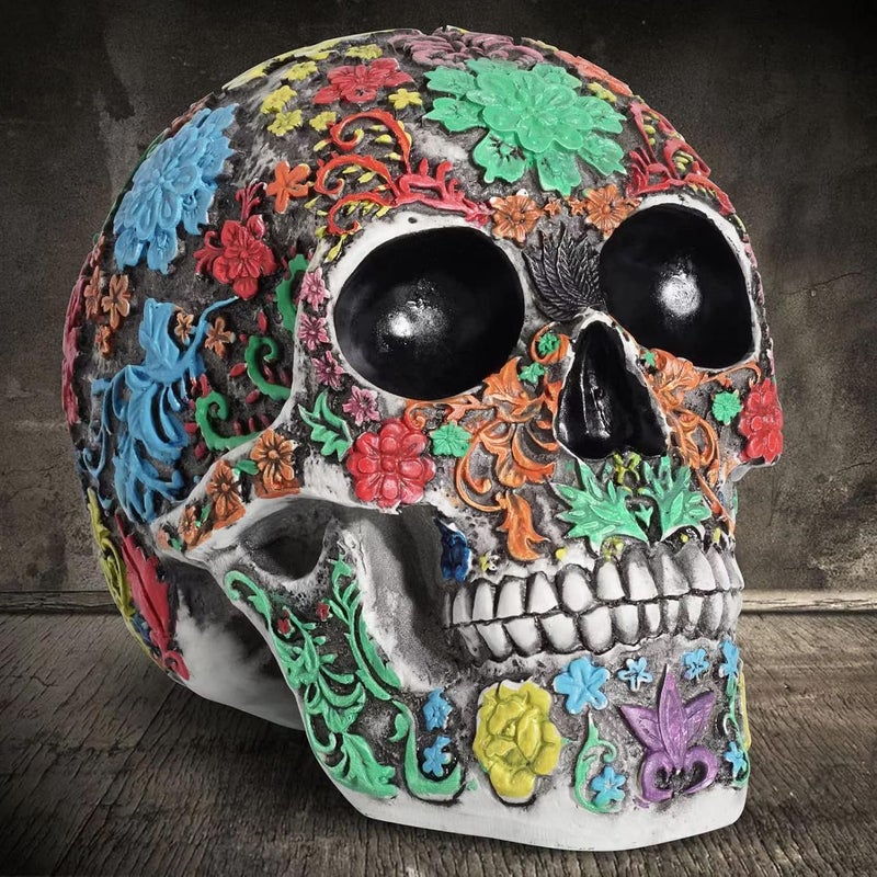 Tuzsocr Cost saving user oriented build Carved Skull Design Day of the Dead,Skull with Petal Statue,Sugar Skull Skull,Painted Skull,Resin Skull Halloween Ornaments,for Home,Dining Table,Living Room Diverse operating method fit - Image 4
