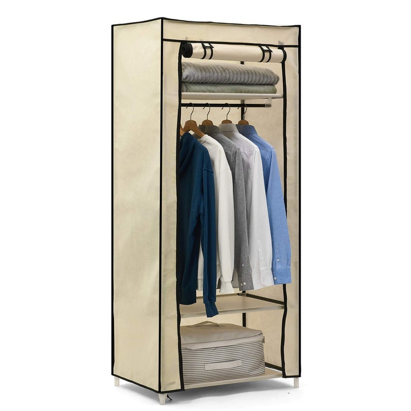 Hododou Single Canvas Wardrobe Portable Wardrobe Fabric Wardrobes for Bedroom Foldable Closet with Hanging Rail and Shelves for Clothes Bags Toys Shoes 160 x 59 x 43CM Beige