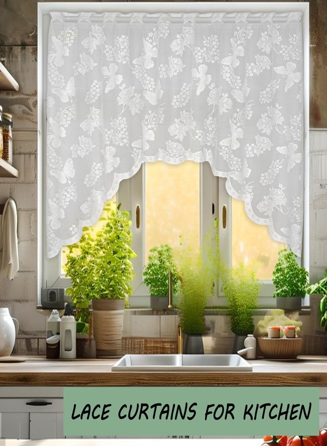 Jayla White Lace Sheer Kitchen Valance Curtains for Windows 39 Inch Length Vintage Floral Embroidered Small Bathroom Curtain Rod Pocket Farmhouse, 70 x 39 Inch, 1 Panel, White - Image 2