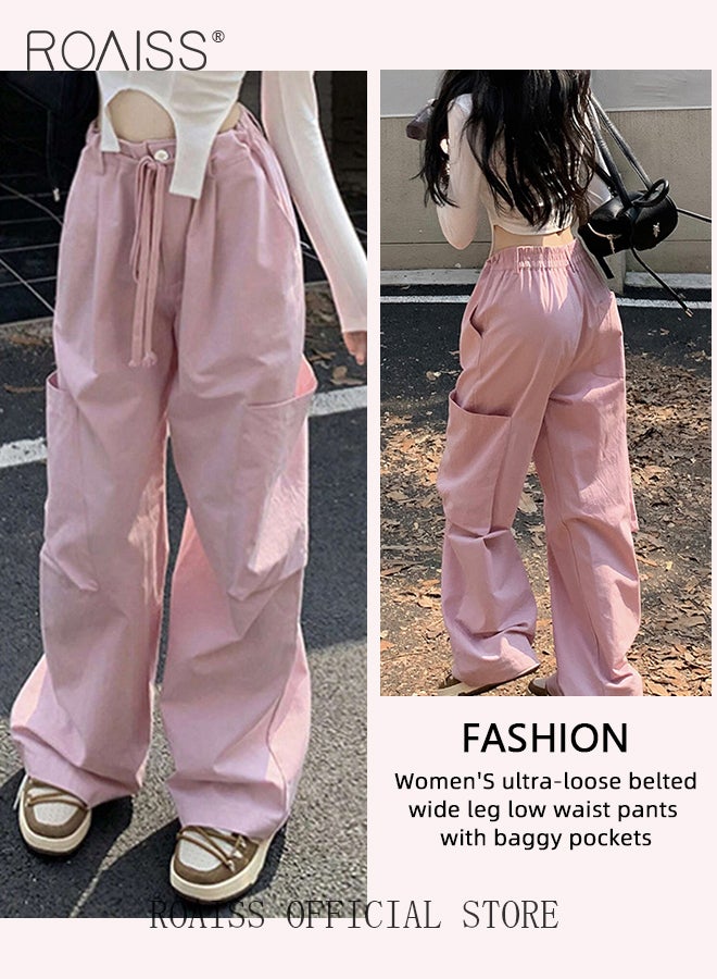 roaiss Utility Pants with Loose Fit for Women Comfy and Versatile Wide Leg Trousers with Elastic Waistband and Flowy Belt Women Casual Large Pocket Drawstring Overalls Chinos - Image 3