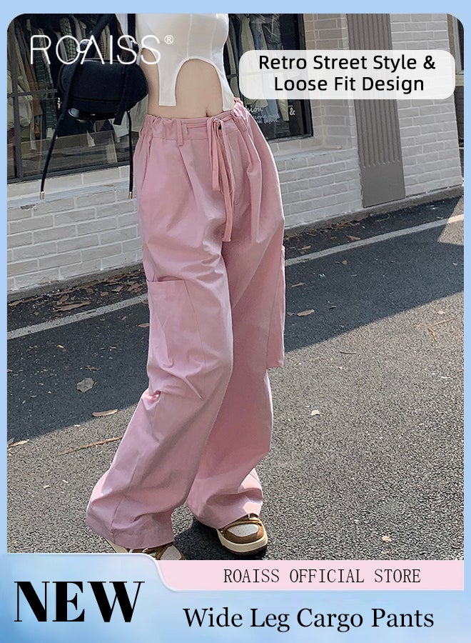 roaiss Utility Pants with Loose Fit for Women Comfy and Versatile Wide Leg Trousers with Elastic Waistband and Flowy Belt Women Casual Large Pocket Drawstring Overalls Chinos - Image 1