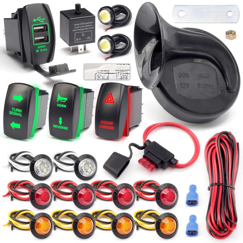 Universal ATV UTV SXS Turn Signal Street Legal Blinker Kit with 110DB Horn Reverse Hazard Light Rocker Switch USB Flasher Relay Compatible with Polaris RZR Ranger Xp Turbo CanAm Kawasaki Golf Cart