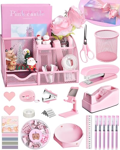 LXEVIHK Pink Desk Accessories 24Pcs Pink Office Supplies and Desk Organizers with Tape Dispenser Stapler Staple Remover Ect Gift Box Packaging - Image 1