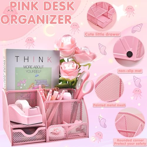 LXEVIHK Pink Desk Accessories 24Pcs Pink Office Supplies and Desk Organizers with Tape Dispenser Stapler Staple Remover Ect Gift Box Packaging - Image 3