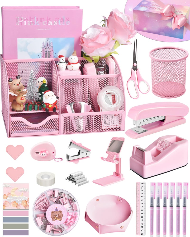 LXEVIHK Pink Desk Accessories 24Pcs Pink Office Supplies and Desk Organizers with Tape Dispenser Stapler Staple Remover Ect Gift Box Packaging - Image 2