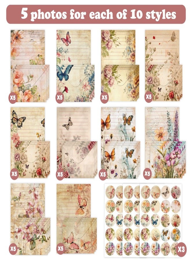 iKammo 160 Packs Stationery Paper Set (50 Single-Sided Stationery Writing Papers 50 Matching Envelopes) 60 Round Dot Stickers, 10 Design Vintage Stationary Sets,5.5 x 8.25 Inch. (Nature) - Image 2