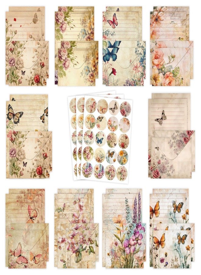 iKammo 160 Packs Stationery Paper Set (50 Single-Sided Stationery Writing Papers 50 Matching Envelopes) 60 Round Dot Stickers, 10 Design Vintage Stationary Sets,5.5 x 8.25 Inch. (Nature) - Image 1