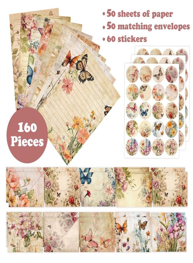 iKammo 160 Packs Stationery Paper Set (50 Single-Sided Stationery Writing Papers 50 Matching Envelopes) 60 Round Dot Stickers, 10 Design Vintage Stationary Sets,5.5 x 8.25 Inch. (Nature) - Image 3