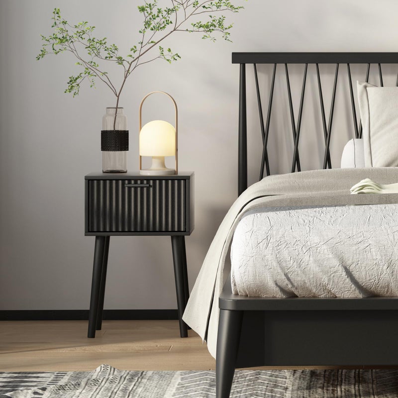LAATOOREE Nightstand Set of 2, Small Black Bedside Table, End Table with Rattan Door, Boho Side Table with Solid Wood Legs for Bedroom Living Room Small Space - Image 2