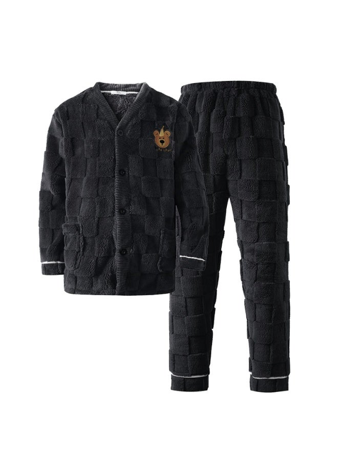 Joae Men's Winter Fluffy Long Plush Thickened Warm Loose Cute Flannel Pajama Set