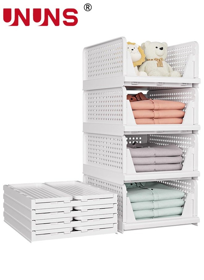 UNUNS Stackable Plastic Storage Basket,4 Pack Large Foldable Closet Organizer,Stackable Drawer For Wardrobe Cabinet Kitchen Bathroom Office,White  - Image 1