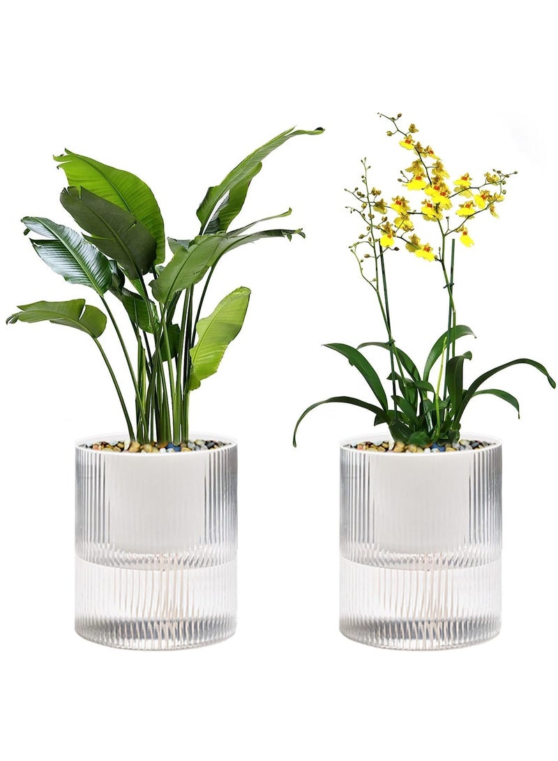 Generic Flower Pot Automatic Watering Flower 4-inch Indoor Planter Double-layer Transparent White Plastic Flowerpot Water Storage Family Cylindrical Rib Decoration Violet Orchid Aloe Herb Absorption Free  - Image 1