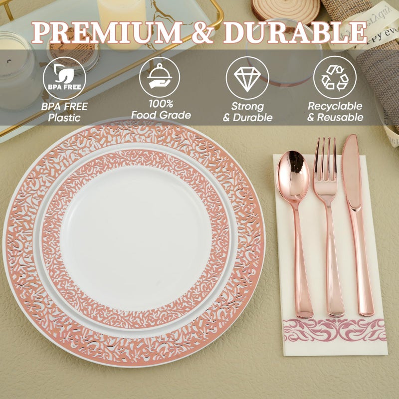 FOCUSLINE 175 Ct Rose Gold Dinnerware Set for 25 Guests  White Plastic Plates with Rose Gold Lace Rim Design  Including 25 Disposable Dinner & Dessert Plates  Cups  Napkins  Cutlery Set - Image 3