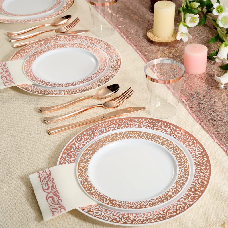 FOCUSLINE 175 Ct Rose Gold Dinnerware Set for 25 Guests  White Plastic Plates with Rose Gold Lace Rim Design  Including 25 Disposable Dinner & Dessert Plates  Cups  Napkins  Cutlery Set - Image 5