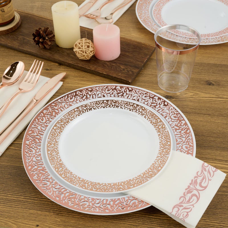 FOCUSLINE 175 Ct Rose Gold Dinnerware Set for 25 Guests  White Plastic Plates with Rose Gold Lace Rim Design  Including 25 Disposable Dinner & Dessert Plates  Cups  Napkins  Cutlery Set - Image 2