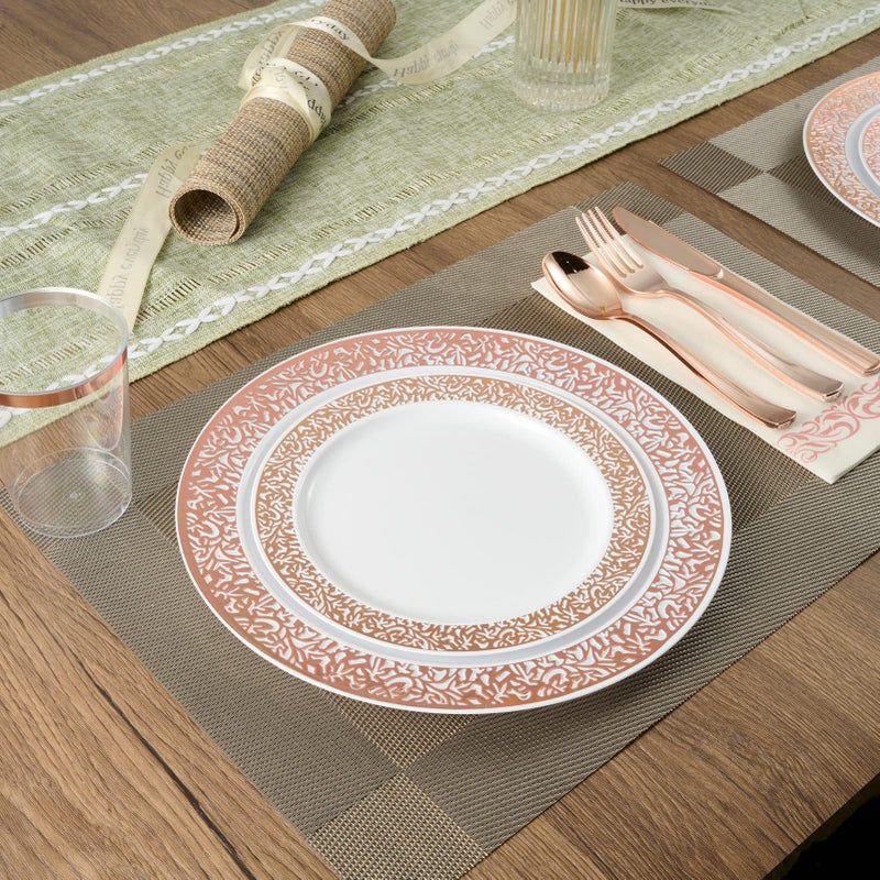 FOCUSLINE 175 Ct Rose Gold Dinnerware Set for 25 Guests  White Plastic Plates with Rose Gold Lace Rim Design  Including 25 Disposable Dinner & Dessert Plates  Cups  Napkins  Cutlery Set - Image 4