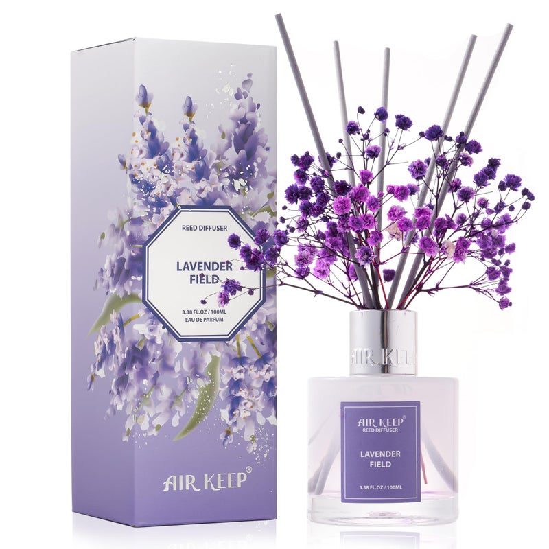 Airkeep Reed Diffuser Set 3.38 Fl Oz (100 Ml) - Lavender Field Oil Diffusers With 8 Reed Sticks  Home Fragrance Reed Diffuser For Bathroom Shelf Decor - Image 1