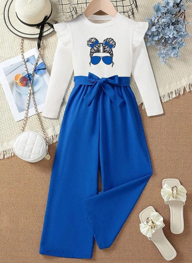 تايك تو طقم من توب بطبعة جرافيك مزين بكشكش مع بنطال واسع الساق