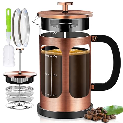 YMMIND French Press Coffee Maker 34oz 1Quart 56Cup Coffee Press with 4 Filters System Heat Resistant Thickness Borosilicate Glass Cold Brew Coffee Tea Pot Gifts Copper