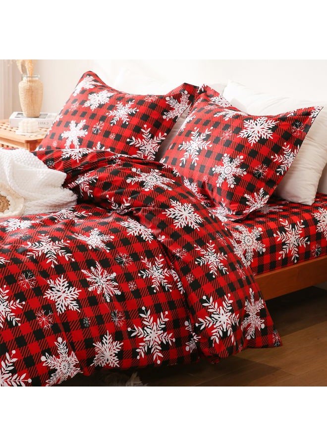 JSD Red Buffalo Plaid Snowflakes Duvet Cover Set Queen Size, 3 Piece Christmas Winter Printed Microfiber Comforter Covers - Image 2