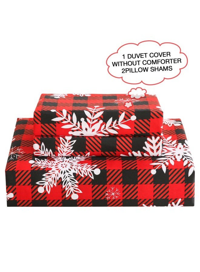 JSD Red Buffalo Plaid Snowflakes Duvet Cover Set Queen Size, 3 Piece Christmas Winter Printed Microfiber Comforter Covers - Image 3