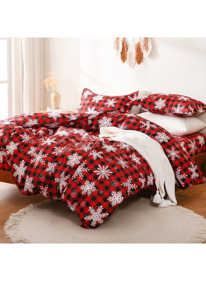 JSD Red Buffalo Plaid Snowflakes Duvet Cover Set Queen Size, 3 Piece Christmas Winter Printed Microfiber Comforter Covers - Image 1