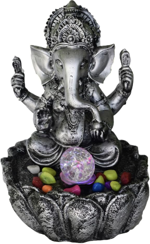 Ganesha Tabletop Water Fountain with LED Light Ball GoldToned Resin Statue Decorative Indoor Fountain  - Image 2