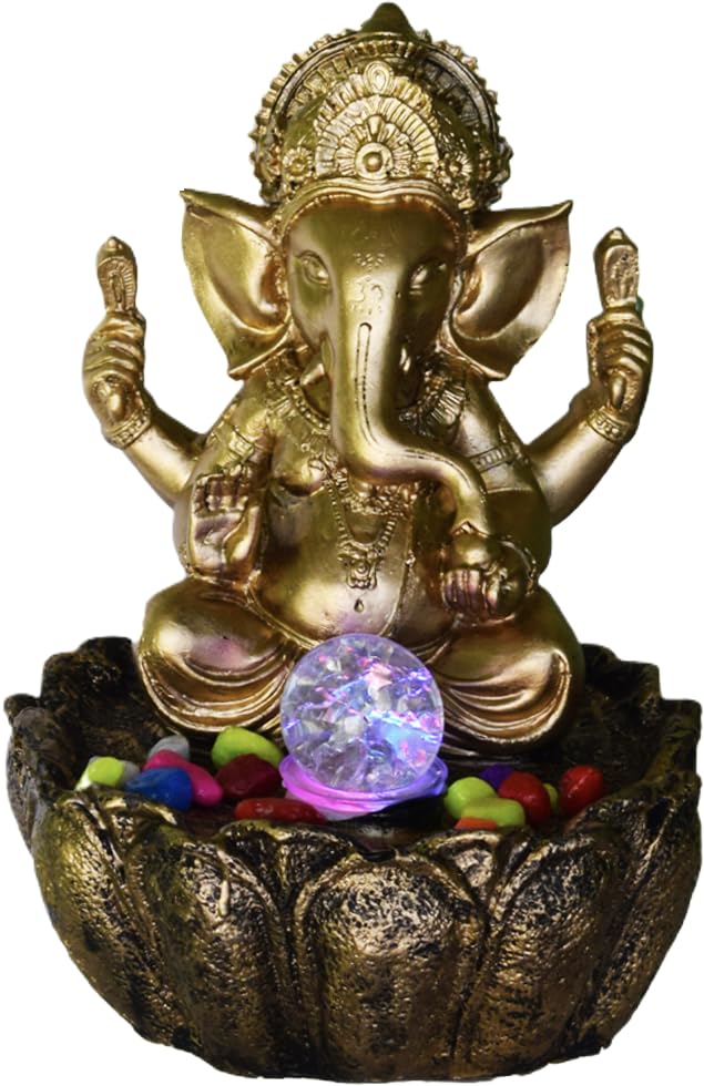 Ganesha Tabletop Water Fountain with LED Light Ball GoldToned Resin Statue Decorative Indoor Fountain  - Image 1