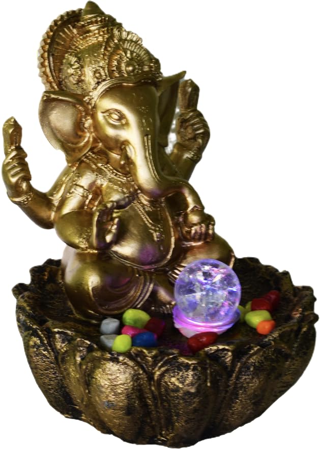 Ganesha Tabletop Water Fountain with LED Light Ball GoldToned Resin Statue Decorative Indoor Fountain  - Image 4