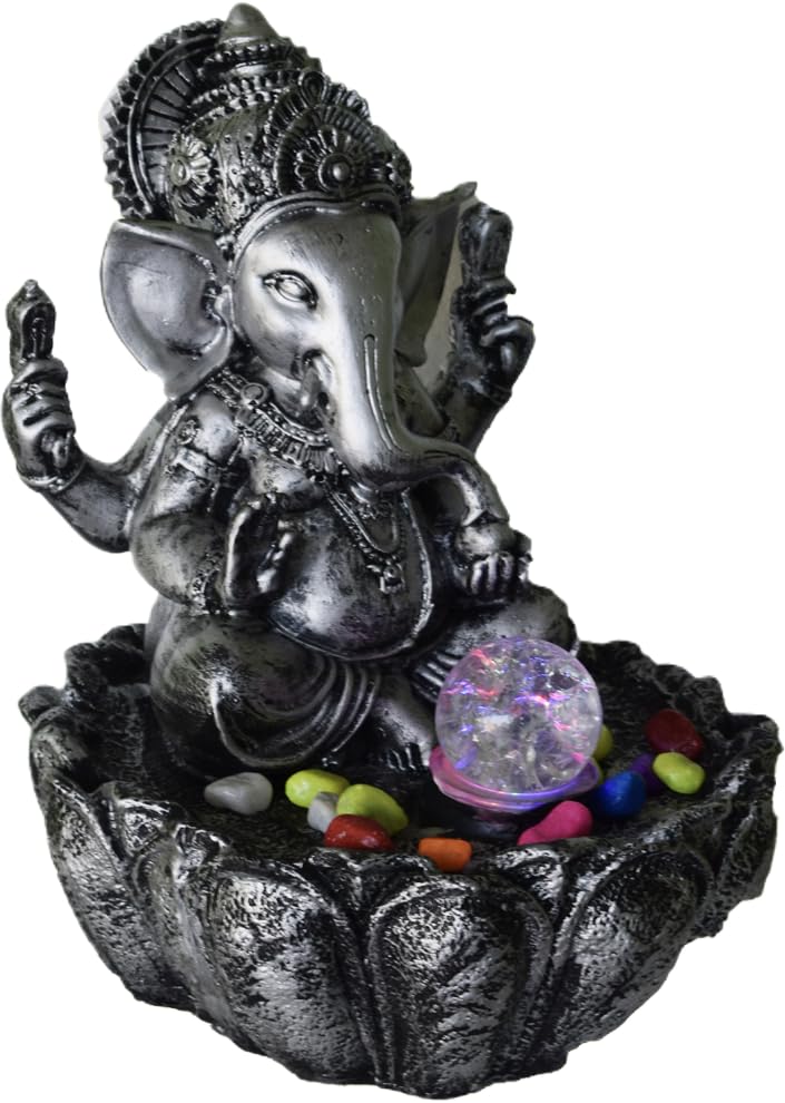 Ganesha Tabletop Water Fountain with LED Light Ball GoldToned Resin Statue Decorative Indoor Fountain  - Image 3