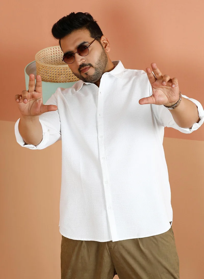 Instafab Plus Instafab Plus Men's Chalk White Grid-Block Tactile Shirt For Casual Wear | Spread Collar | Long Cuffed Sleeves | Button Closure | Plus Size Shirt Crafted With Comfort Fit For Everyday Wear
