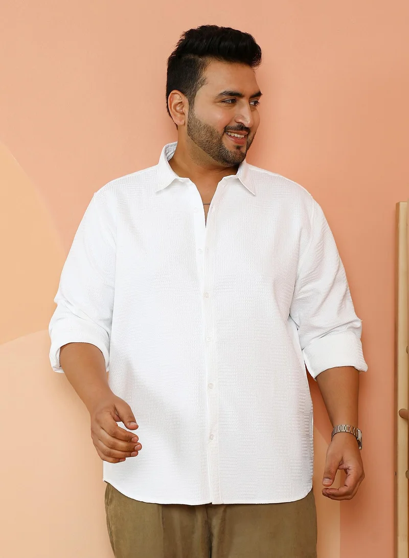 Instafab Plus Instafab Plus Men's Chalk White Grid-Block Tactile Shirt For Casual Wear | Spread Collar | Long Cuffed Sleeves | Button Closure | Plus Size Shirt Crafted With Comfort Fit For Everyday Wear