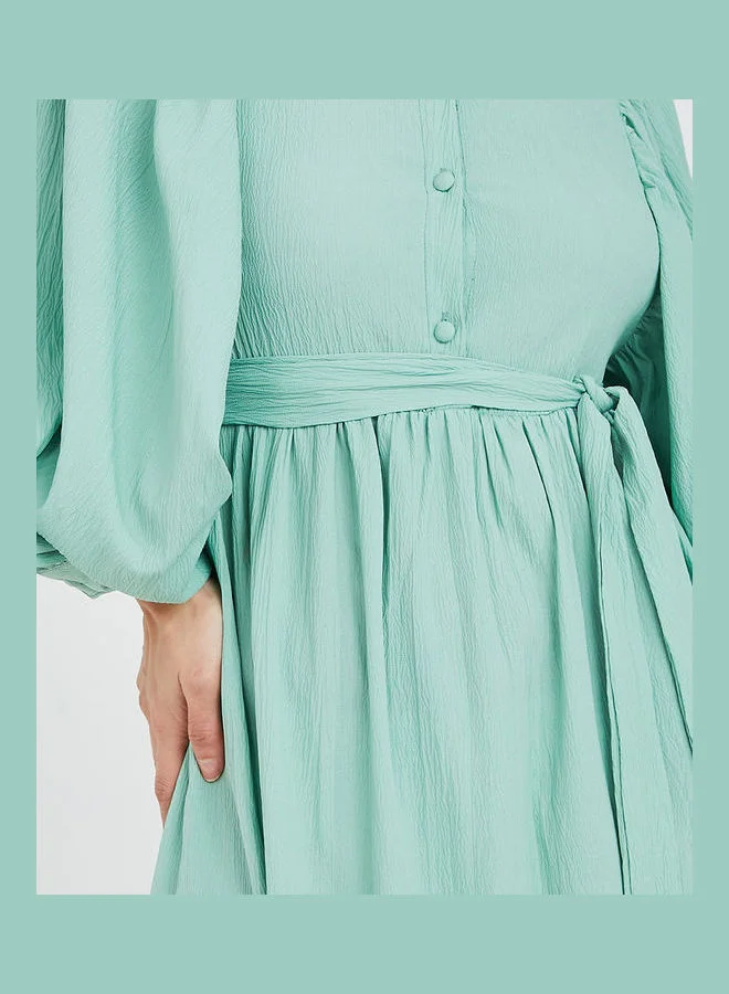 Styli Balloon Sleeves Self Tie Belt A-Line Maxi Dress