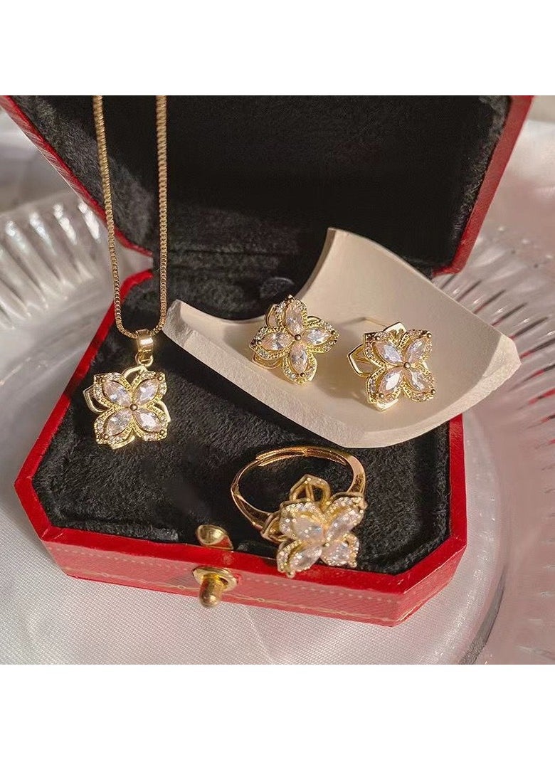 Generic - Rotatable Petal Stud Earrings Necklace Ring Set 3 Pcs - Image 1