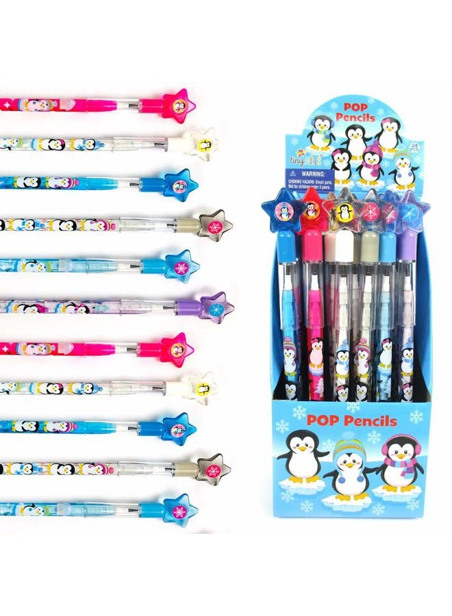 TINYMILLS 24 Pcs Penguins Multi Point Stackable Push Pencil Assortment with Eraser for Winter Themed Party Favor Ice Skating Party Favors Classroom Rewards Carnival Prizes - Image 1