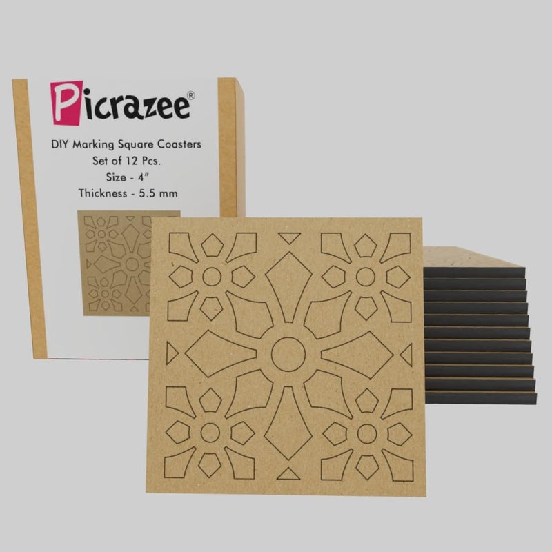 PICRAZEE DIY Engineered Pine MDF Pre-Marked 12 Square Plates Size 4x4 inch and 5.5 mm Thickness– Ideal for Art and Craft, Resin Art, Decoupage, and DIY Projects - Image 1