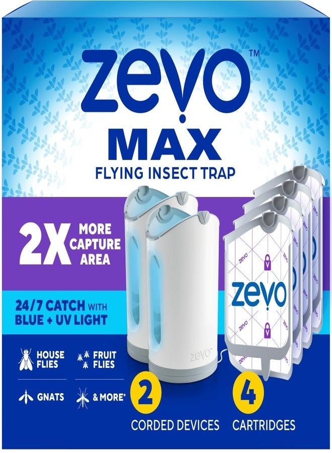 Zevo MAX Bug Catcher & Fly Trap for Indoors - Flying Insect Trap for Gnats, House & Fruit Flies - Use in Any Room - No-Mess Disposal (2 Plug in Bases & 4 Cartridges) - Image 1