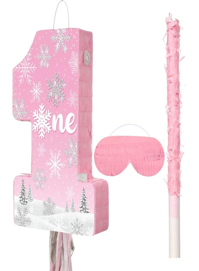 Aoriher Girls 1st Birthday Pinata Winter Onederland Game Set Pink Silver Snowflake Pinata with Bat Stick Blindfold Mask Confetti for Girls First Birthday Baby Shower Party Game Supplies Decoration - Image 1