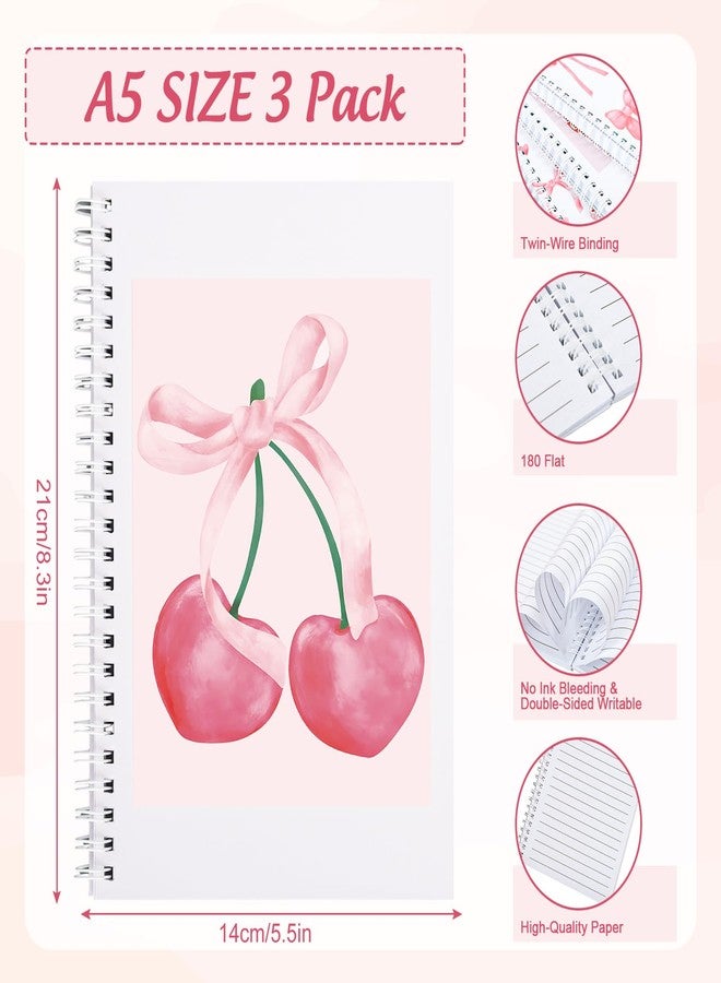 Whaline 3 Packs Bow Coquette Spiral Notebook Pink Cherry Bowknot Lined Notebook Preppy Twin-Wire Binding Journal with 80 Sheets A5 Ruled Paper For Student Home Office Classroom - Image 2